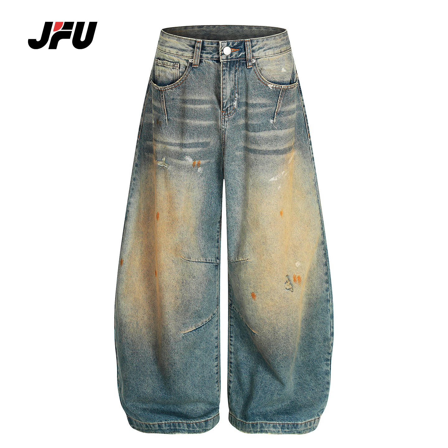 JFU潮牌复古水洗毛边弯刀牛仔裤