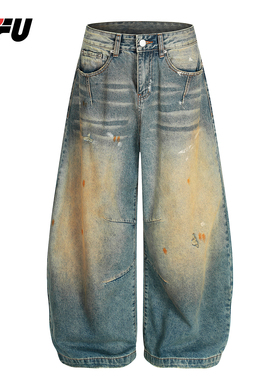 JFU潮牌 秋冬新款复古水洗做旧弯刀牛仔裤男款宽松休闲阔腿长裤