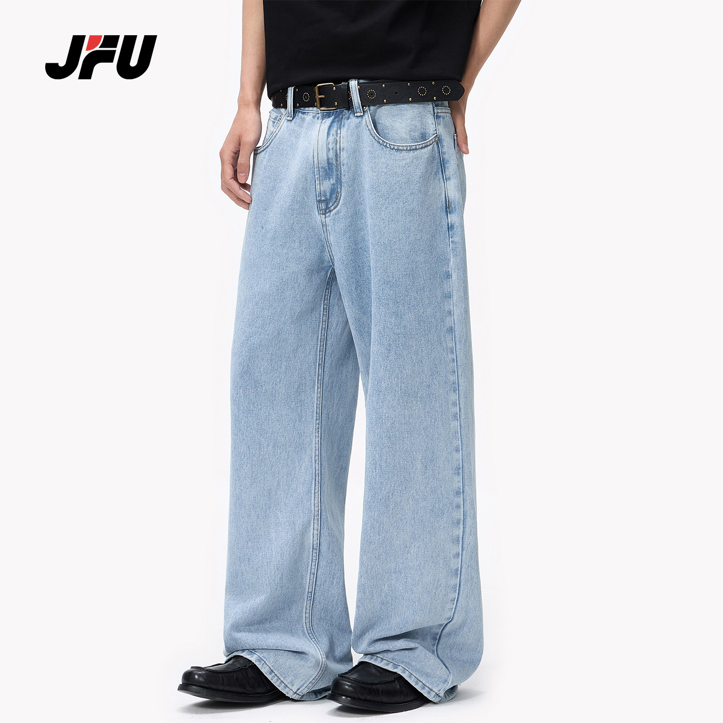 JFU潮牌 美式复古水洗做旧微喇牛仔裤男宽松阔腿直筒百搭休闲长裤