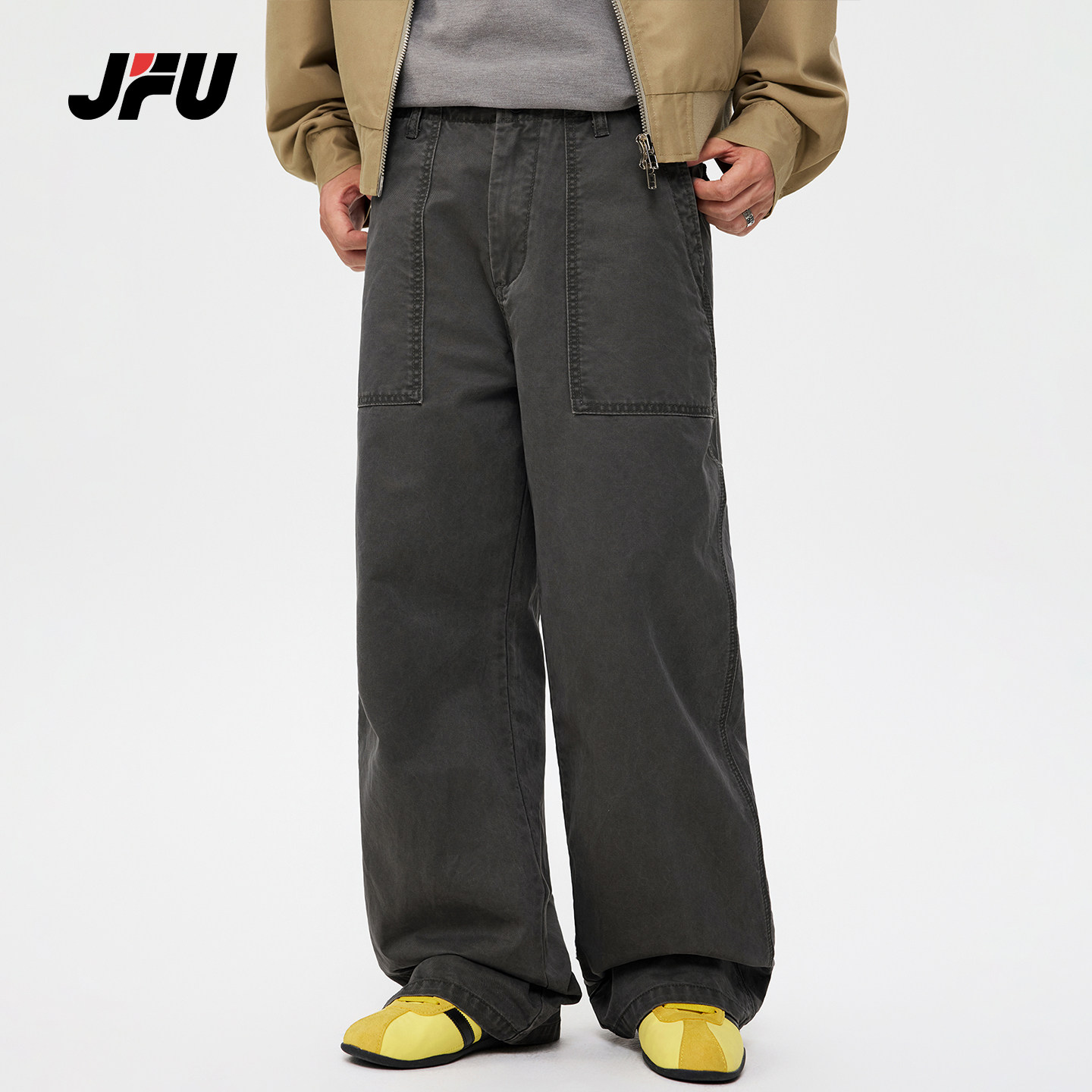 JFU潮牌 秋冬季美式复古宽松直筒休闲裤男款高级感阔腿伞兵长裤子