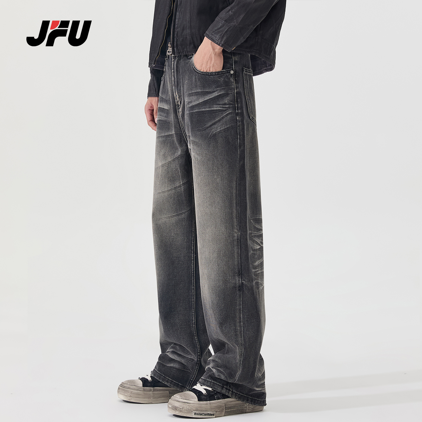 JFU潮牌 秋冬款美式复古水洗宽松直筒牛仔裤男款休闲阔腿长裤子