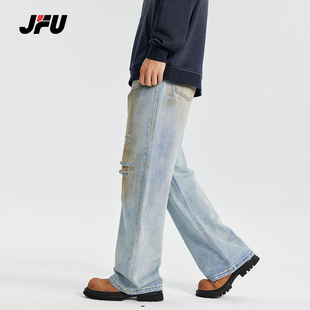 JFU美式复古水洗做旧破洞阔腿牛仔裤男vintage直筒裤潮牌痞帅长裤