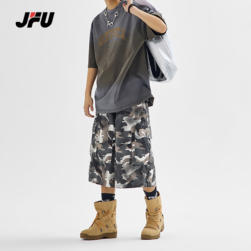 JFU夏季新款美式复古迷彩工装休闲短裤男款宽松阔腿中裤七分裤