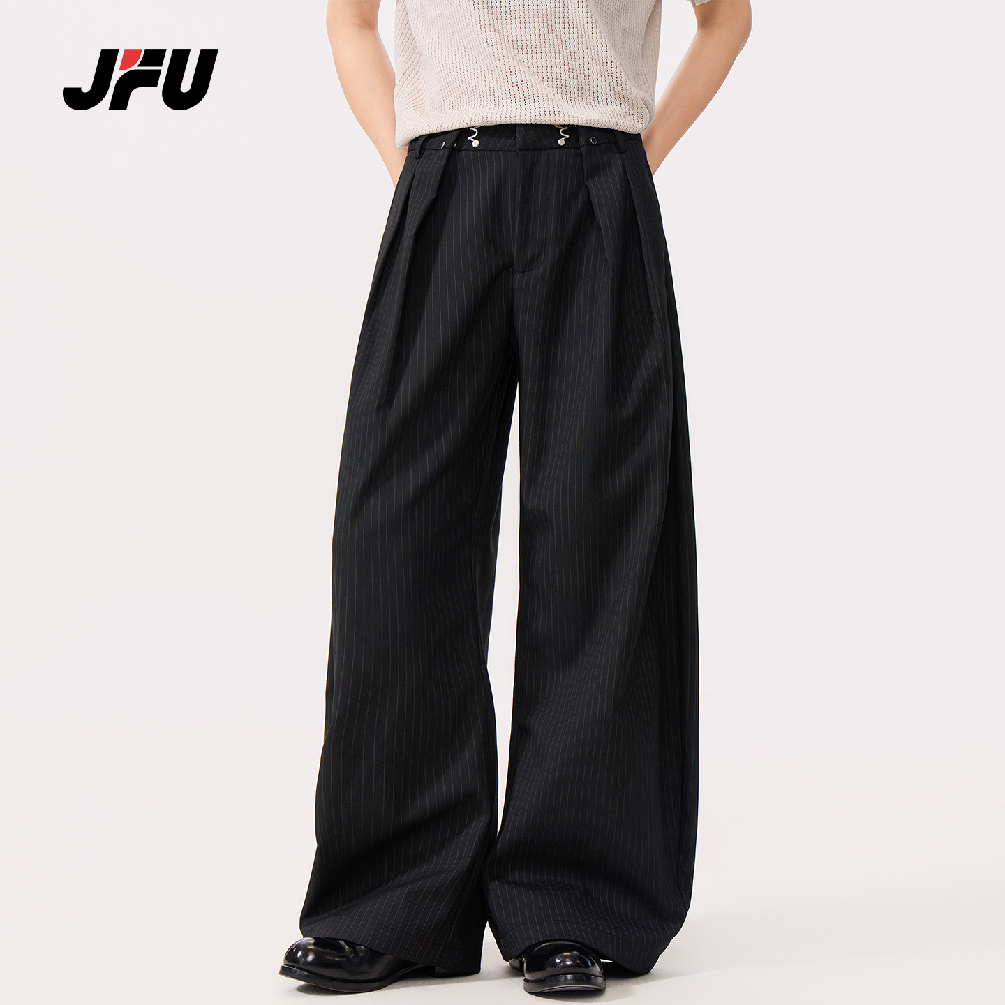 JFU潮牌 春季新款美式复古高腰条纹阔腿休闲裤男极简宽松垂感长裤