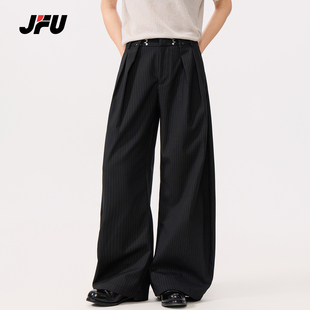 JFU潮牌 春季新款美式复古高腰条纹阔腿休闲裤男极简宽松垂感长裤