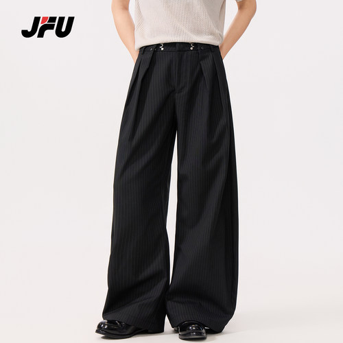JFU潮牌高腰条纹阔腿男休闲裤