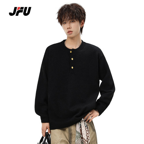 JFU潮牌亨利领宽松套头男毛衣