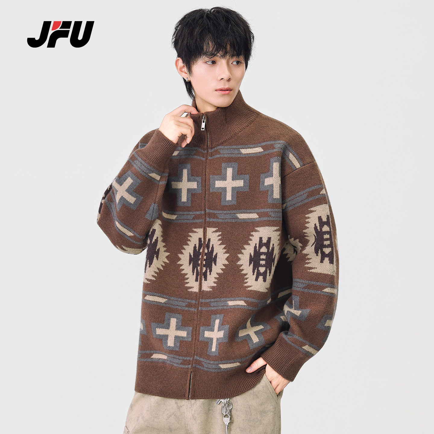 JFU潮牌复古印花翻领针织开衫男