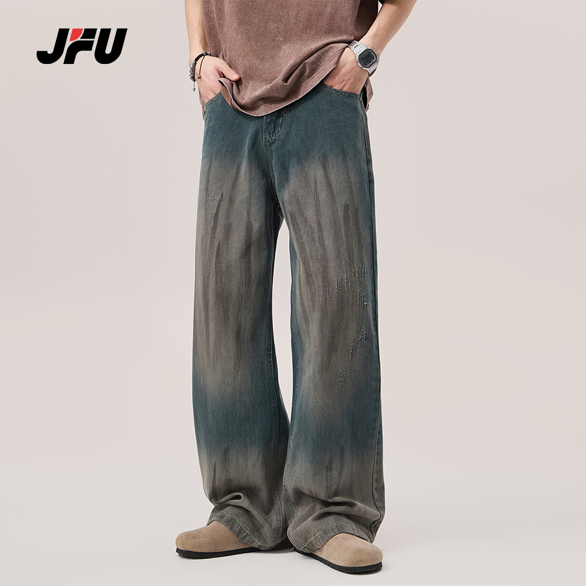 JFU2025春款美式复古设计感宽松休闲长裤子水洗做旧直筒牛仔裤男