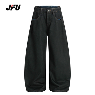JFU潮牌 秋季美式复古宽松阔腿弯刀牛仔裤男款高级感拖地长裤子