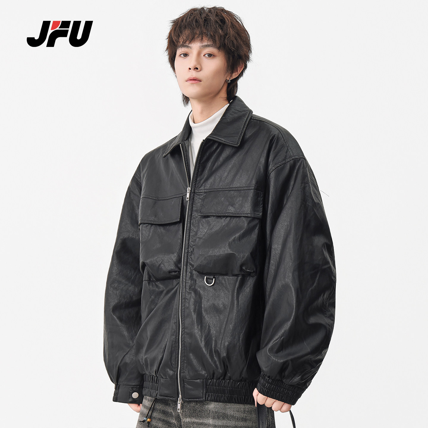 JFU潮牌休闲工装皮衣羽绒服男