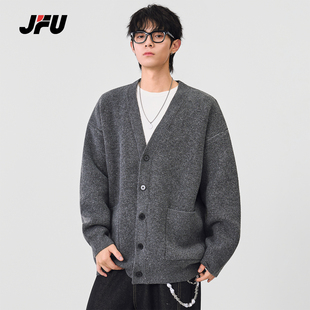 JFU潮牌 秋冬新款美式复古纯色V领针织开衫男款宽松休闲毛衣外套