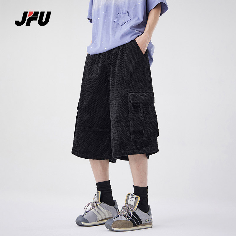 JFU夏季新款美式复古工装裤男款宽松直筒休闲短裤阔腿七分裤