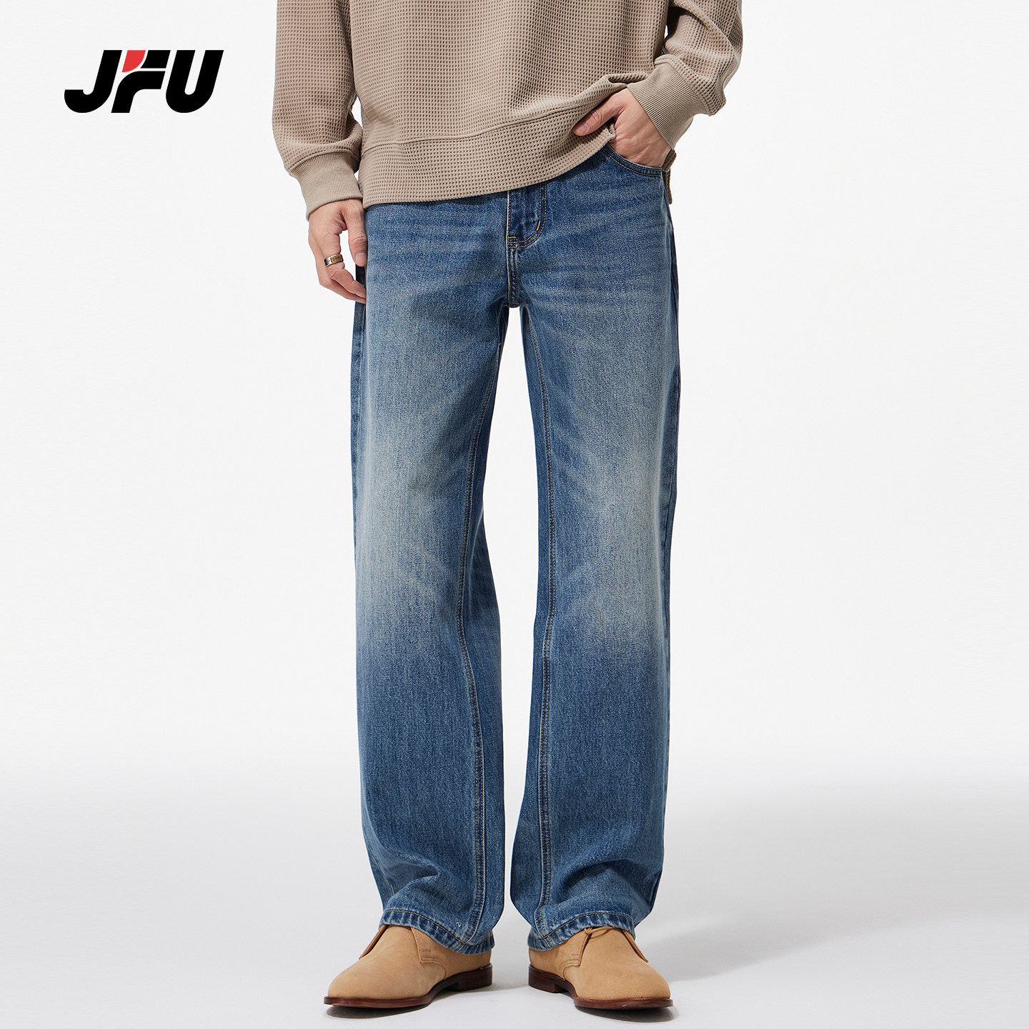 JFU潮牌 秋冬季复古美式水洗宽松直筒牛仔裤男百搭阔腿休闲长裤子
