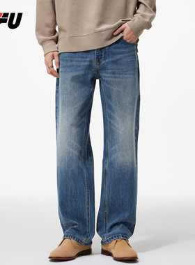 JFU潮牌 秋冬季复古美式水洗宽松直筒牛仔裤男百搭阔腿休闲长裤子