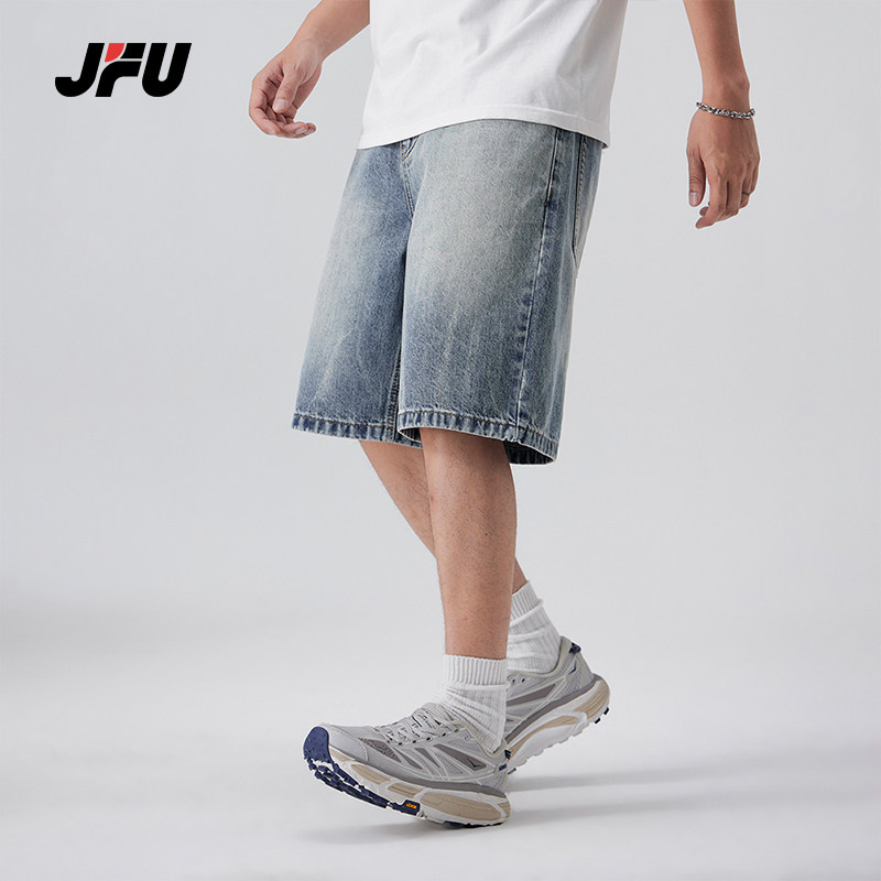 JFU夏季新款美式复古水洗做旧牛仔短裤男款宽松直筒阔腿五分裤子