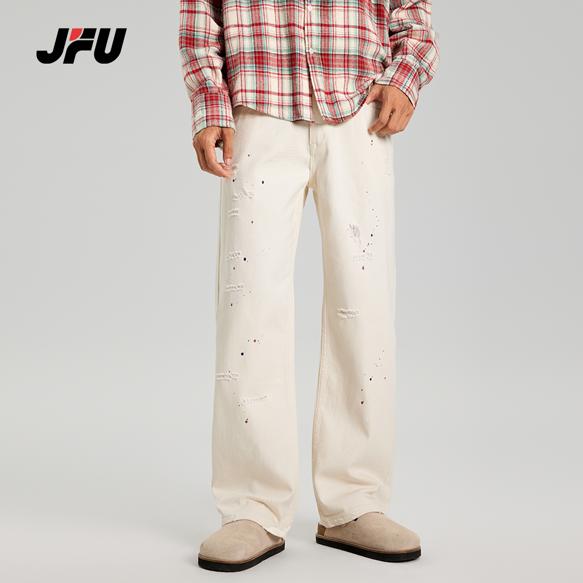 JFU秋季美式白色破洞直筒牛仔裤男宽松泼墨炸街百搭休闲阔腿长裤