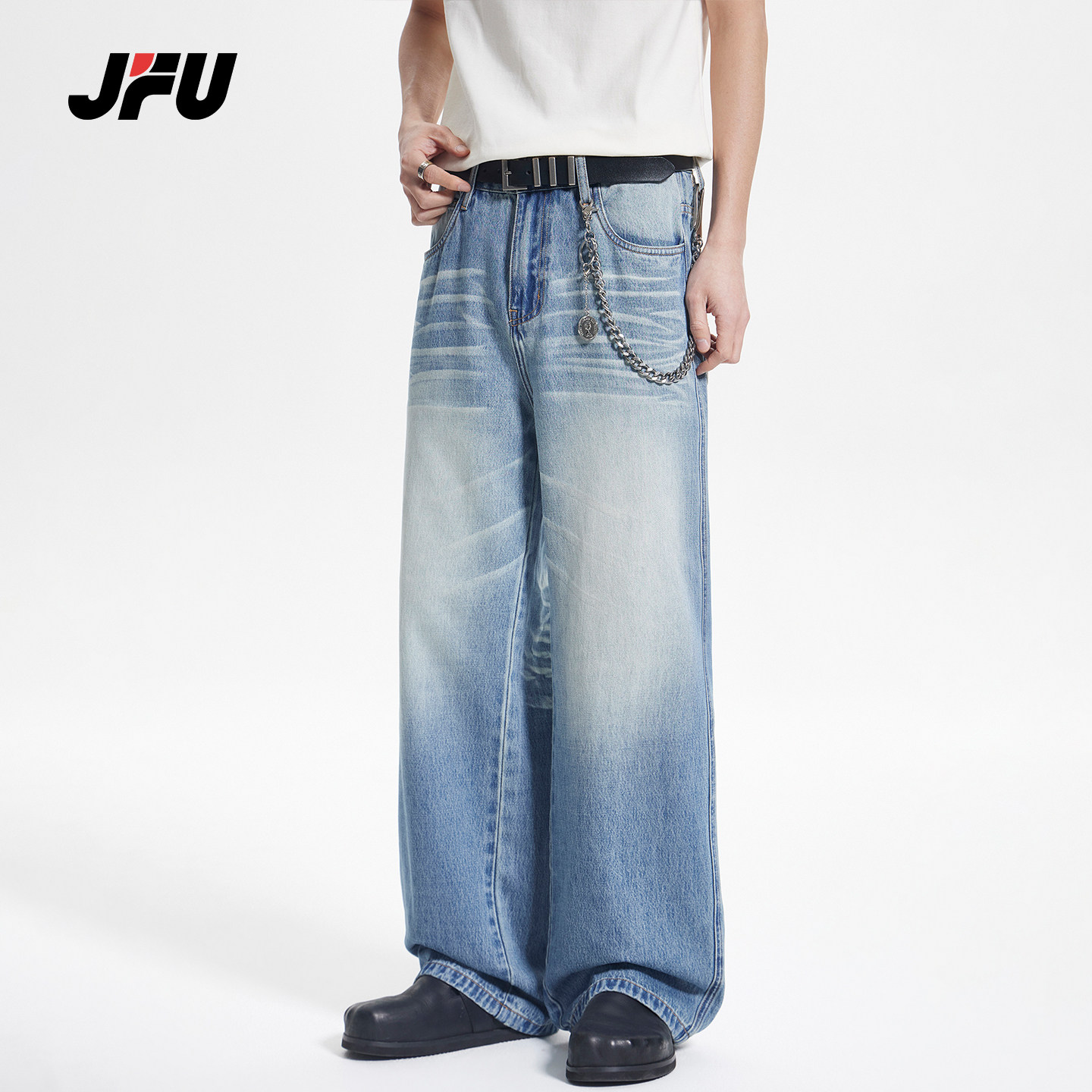 JFU潮牌复古水洗男阔腿牛仔裤