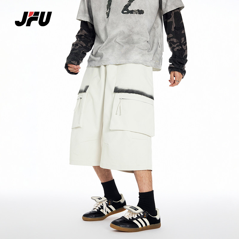 JFU夏季新款美式复古做旧脏染休闲短裤男款松紧腰宽松工装七分裤