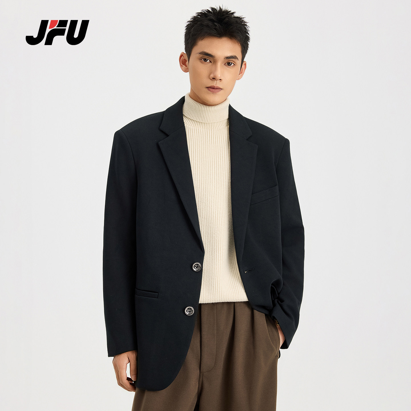 JFU潮牌 秋冬高级感复古宽松商务休闲西服外套男款长袖西装上衣