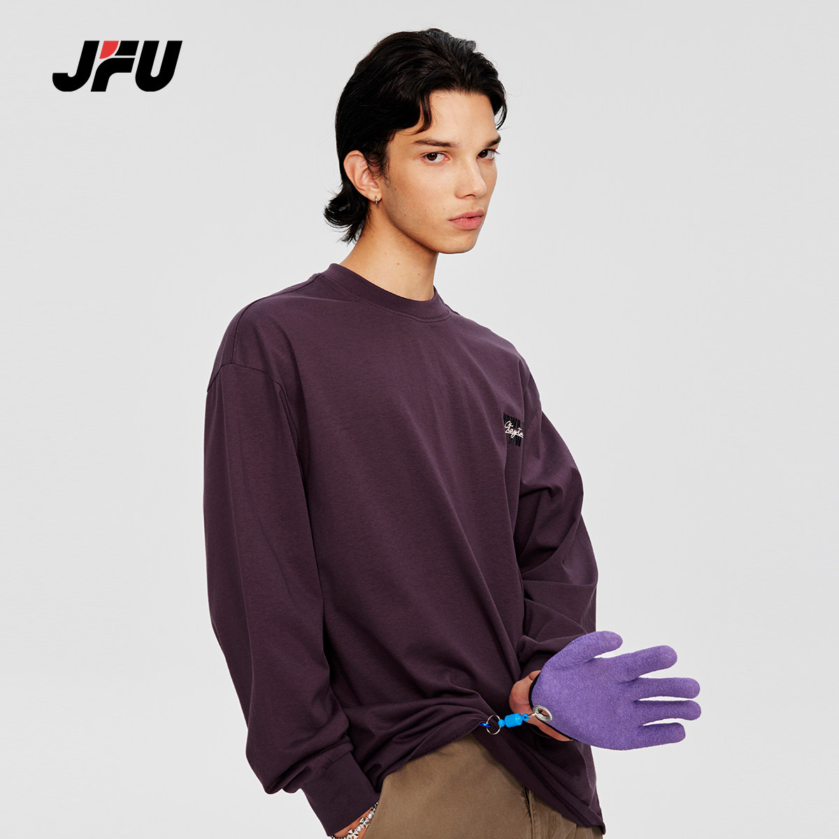 JFU秋季美式复古印花长袖卫衣t桖男士宽松圆领休闲外套上衣潮