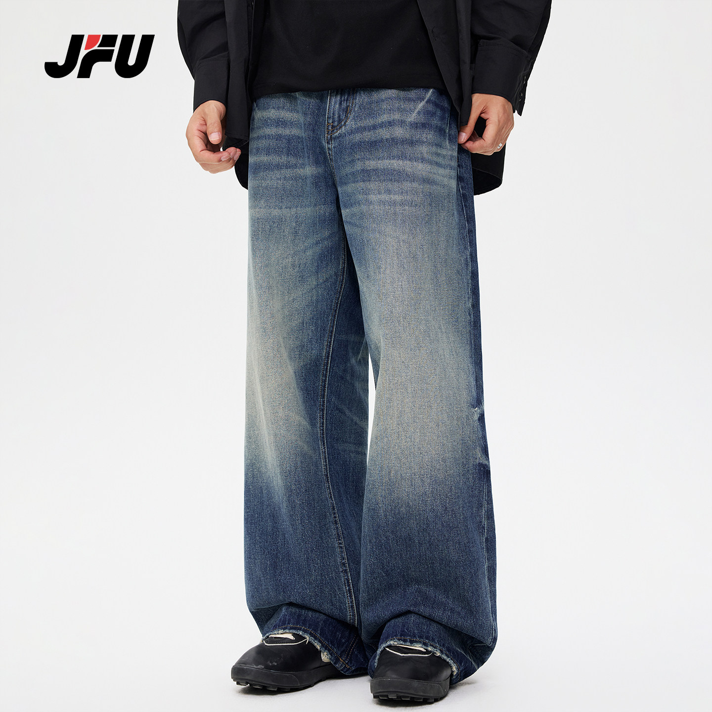 JFU潮牌 秋冬季美式复古宽松直筒做旧牛仔裤男款高级感阔腿长裤子
