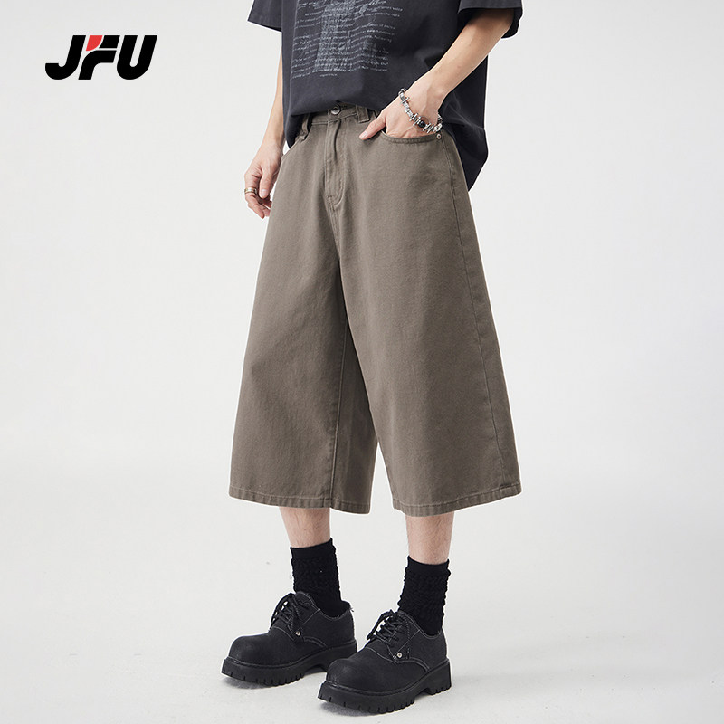 JFU夏季新款美式复古阔腿工装短裤男款宽松直筒户外七分休闲裤
