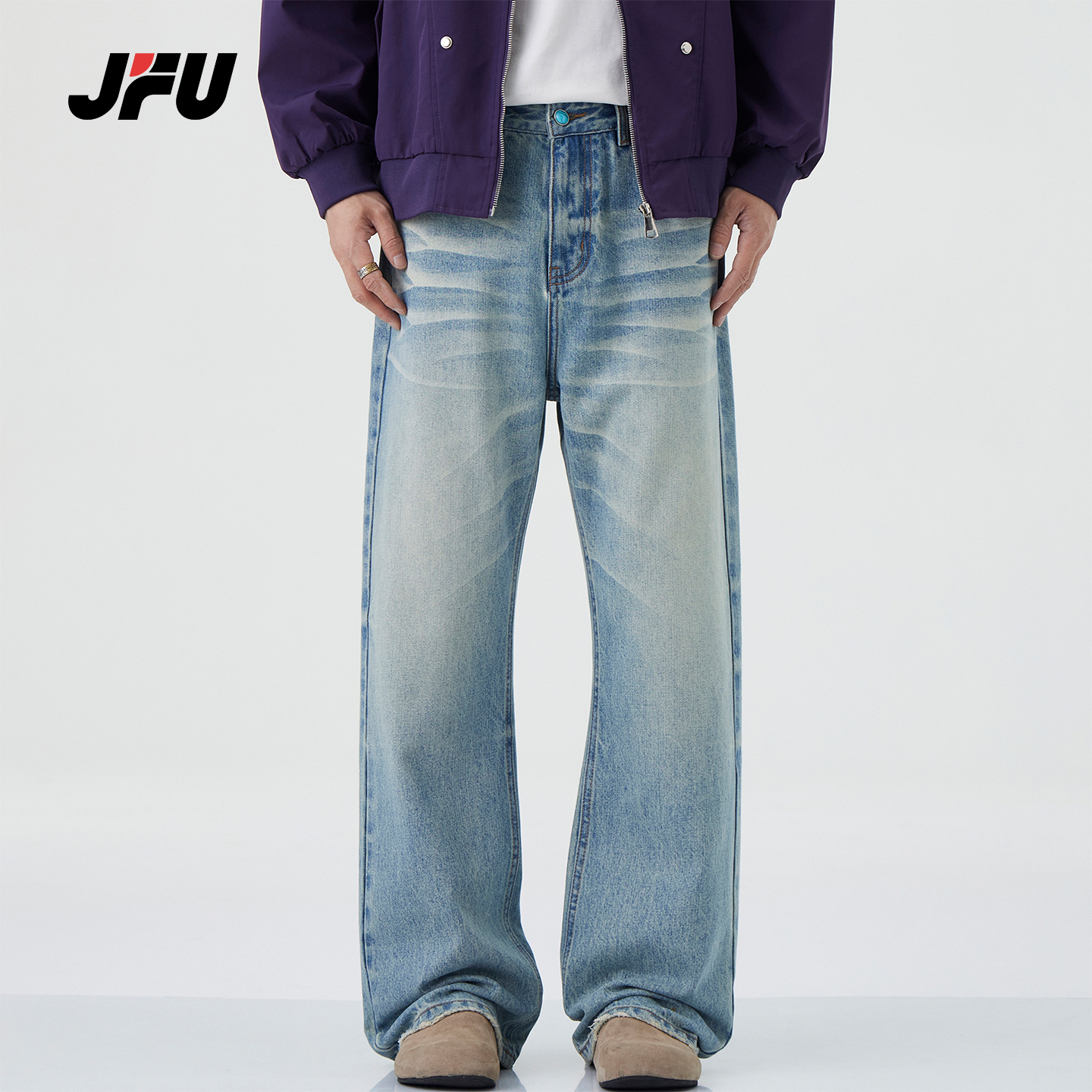 JFU潮牌 秋冬新款美式复古宽松直筒牛仔裤男款时尚百搭休闲长裤