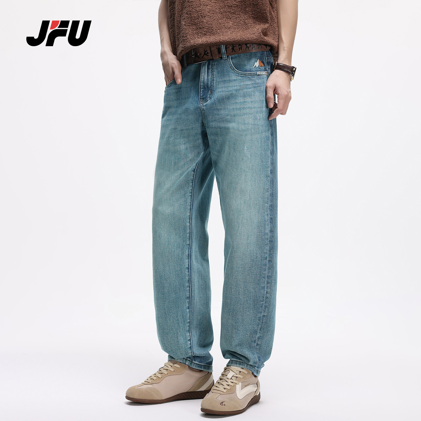 JFU潮牌 春季美式复古水洗直筒牛仔裤男简约通勤宽松阔腿休闲长裤