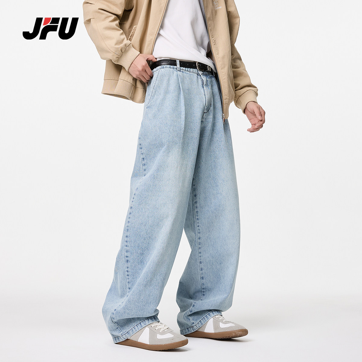 JFU2025春款水洗牛仔裤男士潮牌潮流ins阔脚长裤高街直筒宽松裤子