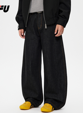 JFU潮牌 秋冬季美式原牛色复古宽松直筒牛仔裤男款阔腿拖地长裤子