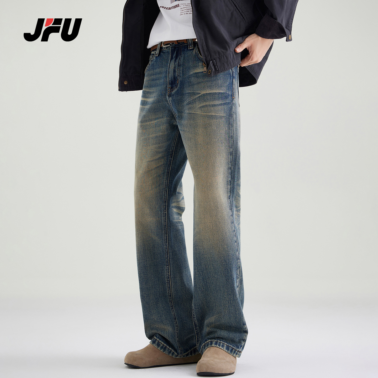 JFU潮牌 秋冬新款美式复古水洗宽松休闲微喇牛仔裤男款直筒长裤