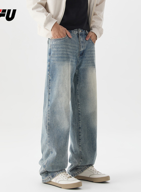 JFU潮牌 春季美式复古水洗磨白直筒牛仔裤男宽松阔腿休闲长裤百搭