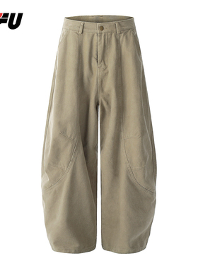 JFU秋冬新款美式复古廓形弯刀休闲裤男款宽松阔腿垂感拖地长裤子
