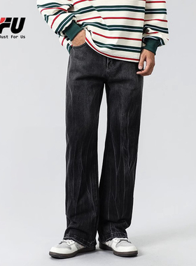 JFU 黑色美式复古宽松直筒牛仔裤男生百搭阔腿加绒加厚长裤子男款