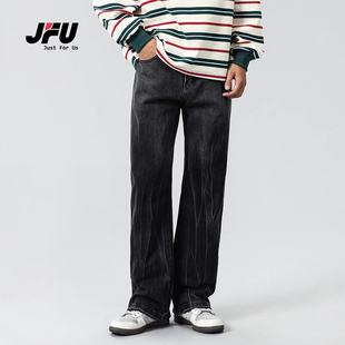 JFU 黑色美式复古宽松直筒牛仔裤男生百搭阔腿加绒加厚长裤子男款