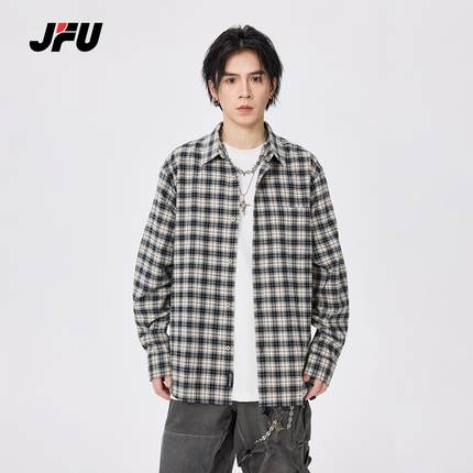 JFU秋季纯棉格子长袖衬衫男2024年新款日系复古痞帅休闲宽松外套
