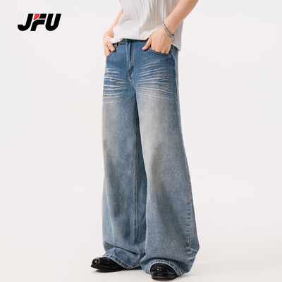 JFU潮牌复古猫须阔腿牛仔裤男