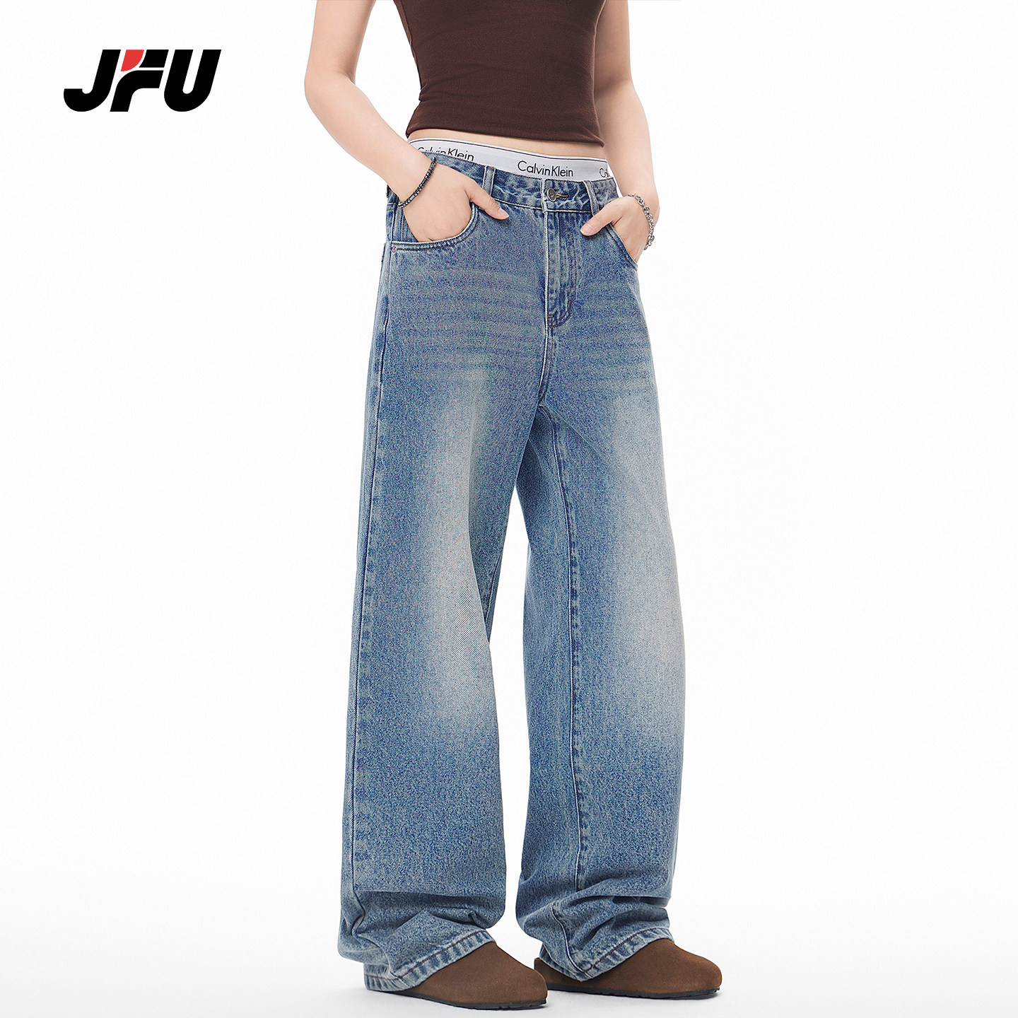 JFU潮牌 春季美式复古低腰阔腿牛仔裤男宽松直筒显瘦垂感休闲长裤