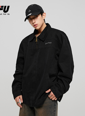 JFU 2024新款黑色夹克外套男生宽松百搭上衣长袖潮牌痞帅翻领春秋