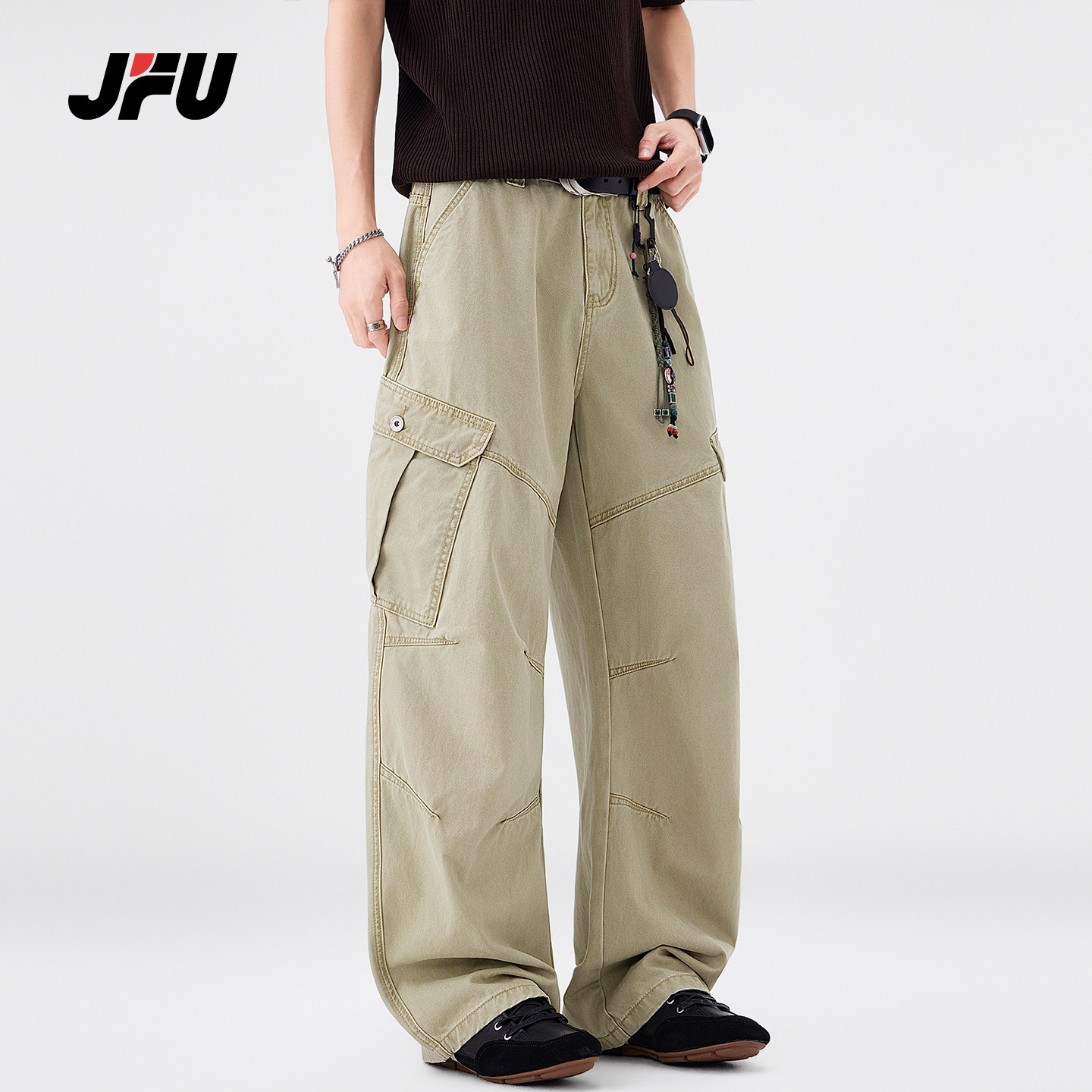 JFU潮牌 春夏季美式复古阔腿工装牛仔裤男大口袋宽松直筒休闲长裤
