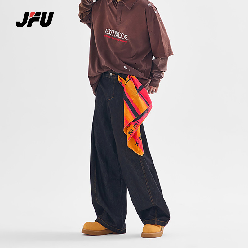 JFU夏季新款美式复古阔腿休闲弯刀牛仔裤男款宽松垂感拖地长裤子