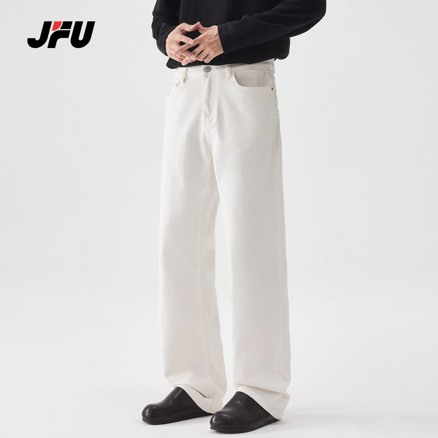JFU潮牌男士复古宽松阔腿牛仔裤图片