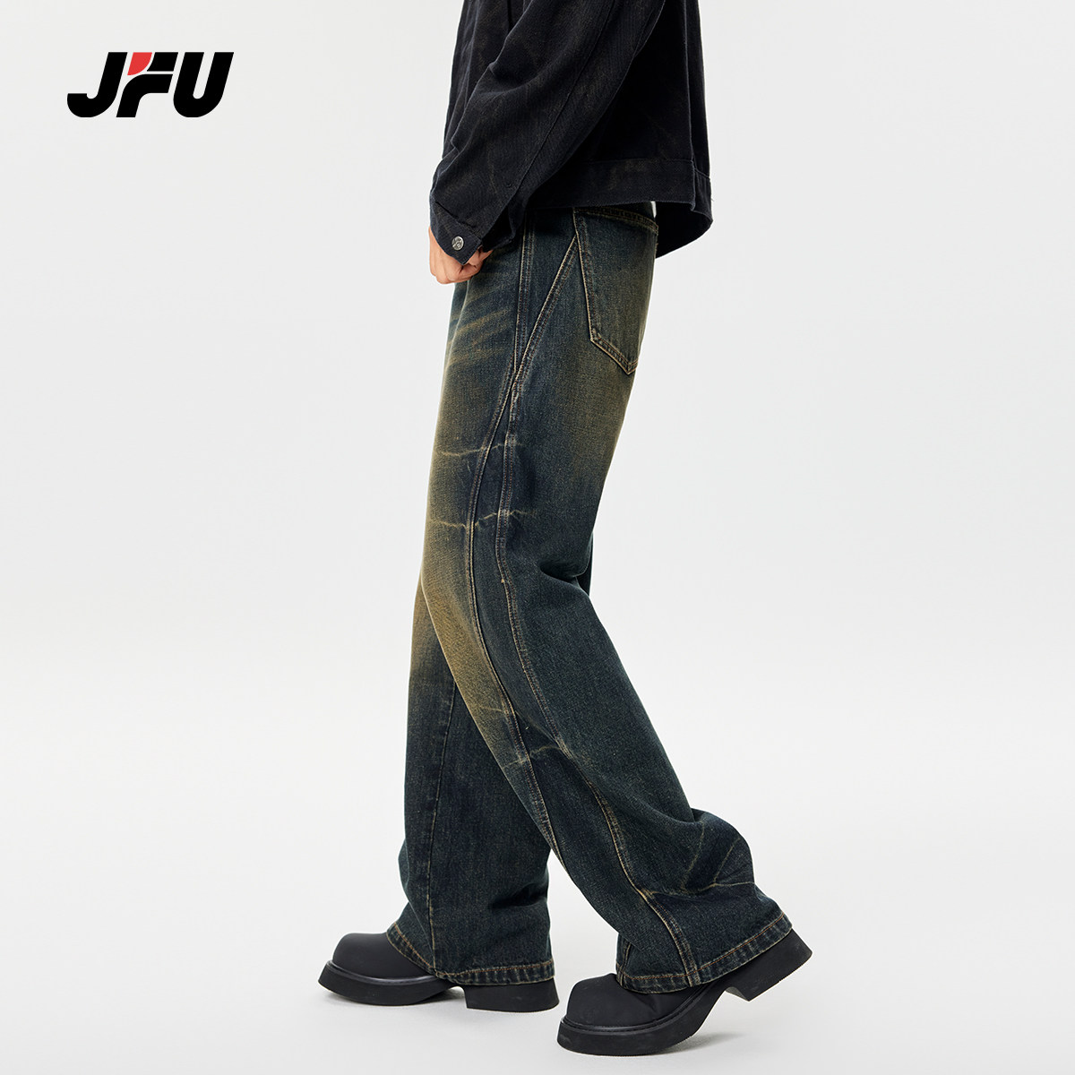 JFU春秋季美式复古cleanfit休闲直筒牛仔裤男宽松阔腿vintage裤子