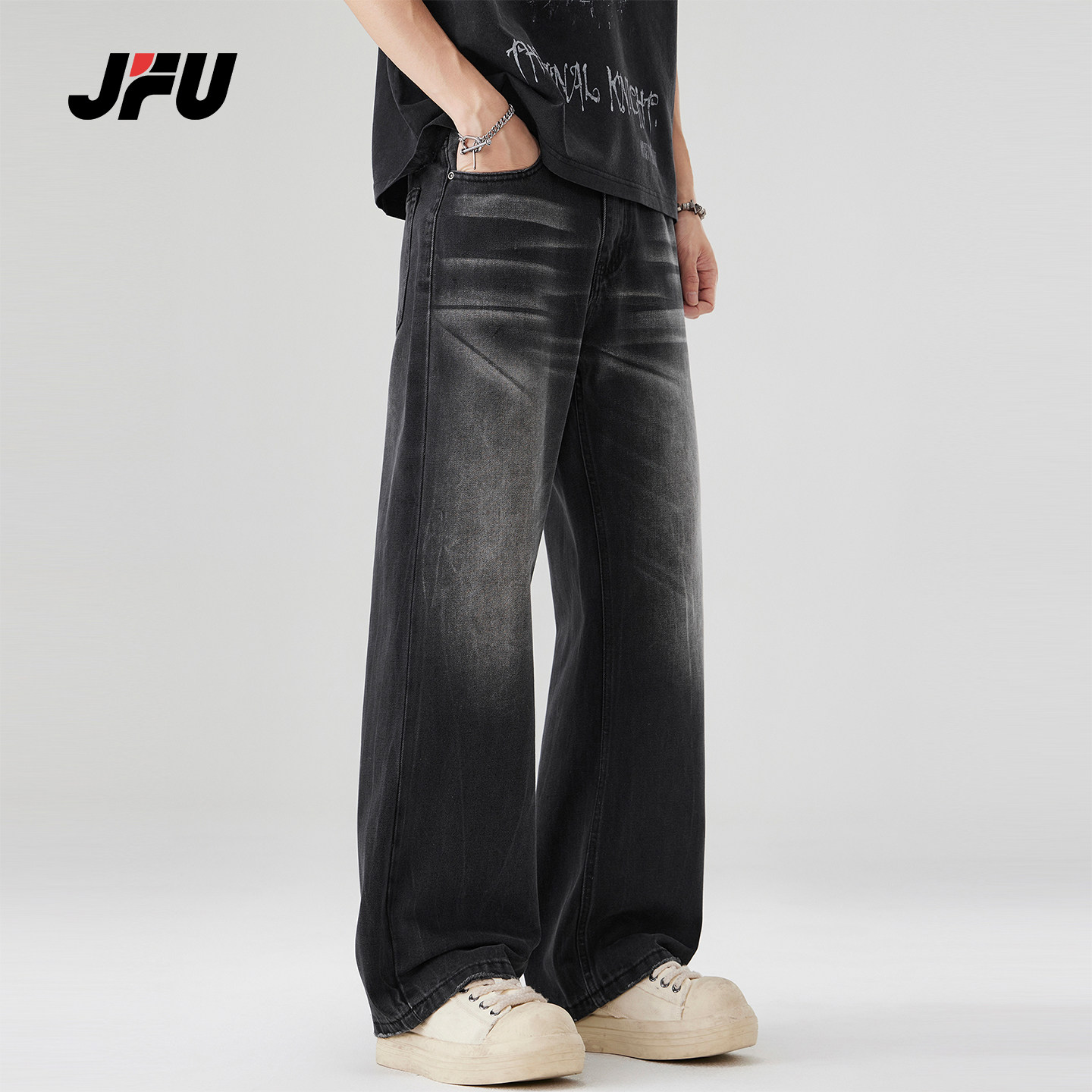 JFU潮牌 春季美式复古水洗磨白微喇阔腿牛仔裤男宽松直筒休闲长裤,男装,牛仔裤,淘宝优惠券,粉丝福利购,淘宝优惠卷