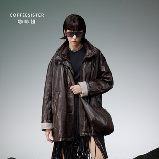 coffeesister咖啡姐皮料两面穿一手长翻领H型皮料羽绒服CAJD1889
