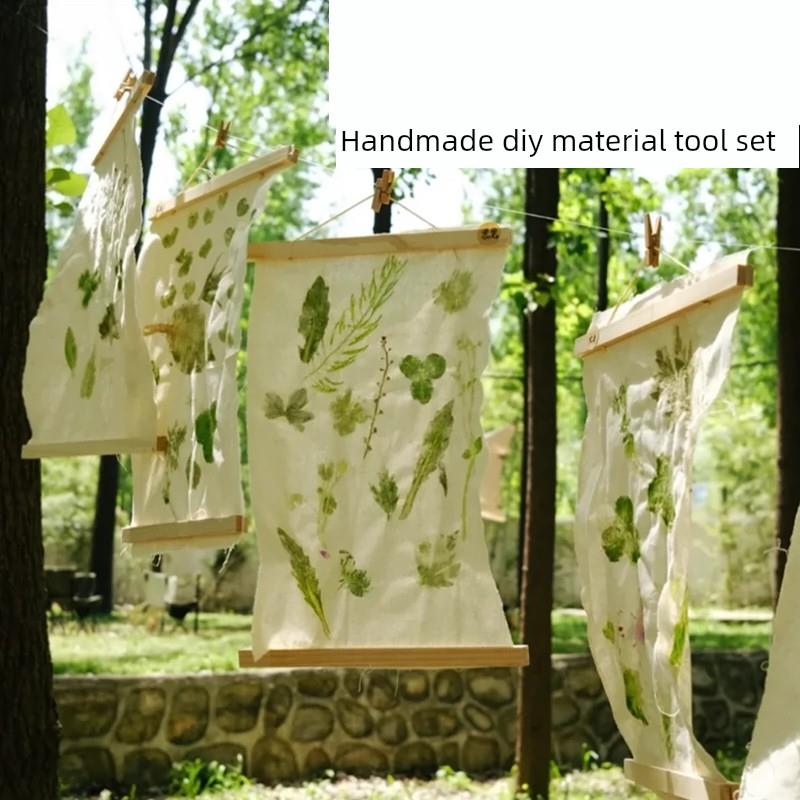 幼儿园环创扎染白布花草造纸术展示框磁吸实木挂轴草木染美术课