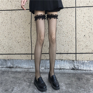 性感ins潮 渔网袜JK黑丝袜女春秋蕾丝花边白丝袜长筒袜子过膝薄款