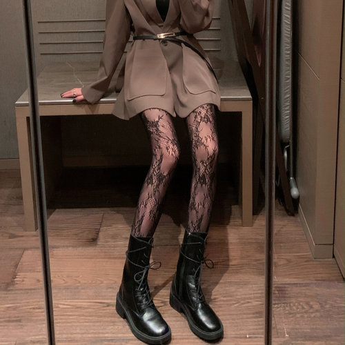 蕾丝花纹图案丝袜女jk日系性感黑色渔网连裤黑丝配皮鞋靴子ins潮