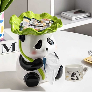 可爱熊猫造型纸巾盒创意卡通收纳盒家居装饰摆件荷叶家用陶瓷客厅